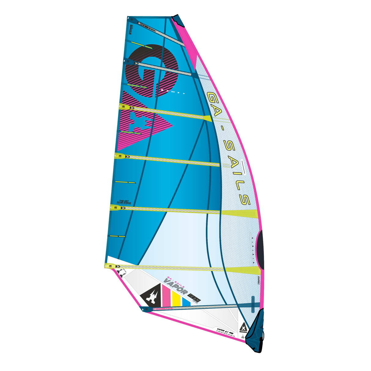 GA-Sails 2026 Vapor Windsegel, blau-magenta mit gelben Details, Ansicht von vorne