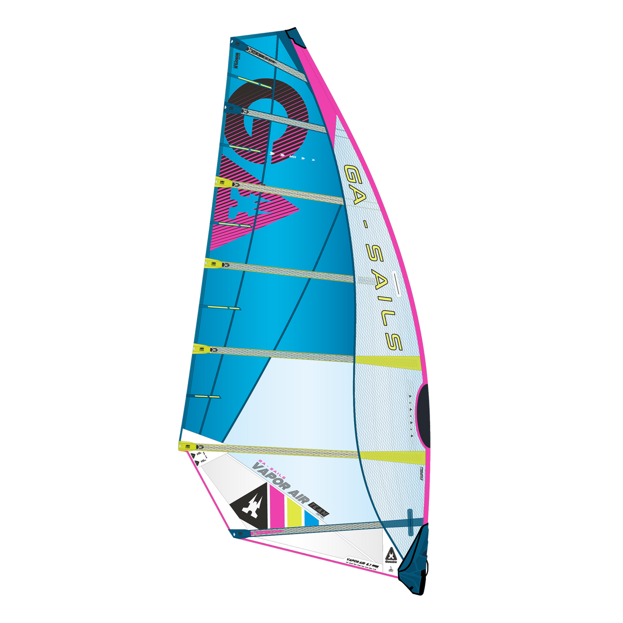 GA-Sails 2026 Vapor AIR Windsegel in Blau, Pink und Weiß mit bunten Designelementen, Seitenansicht