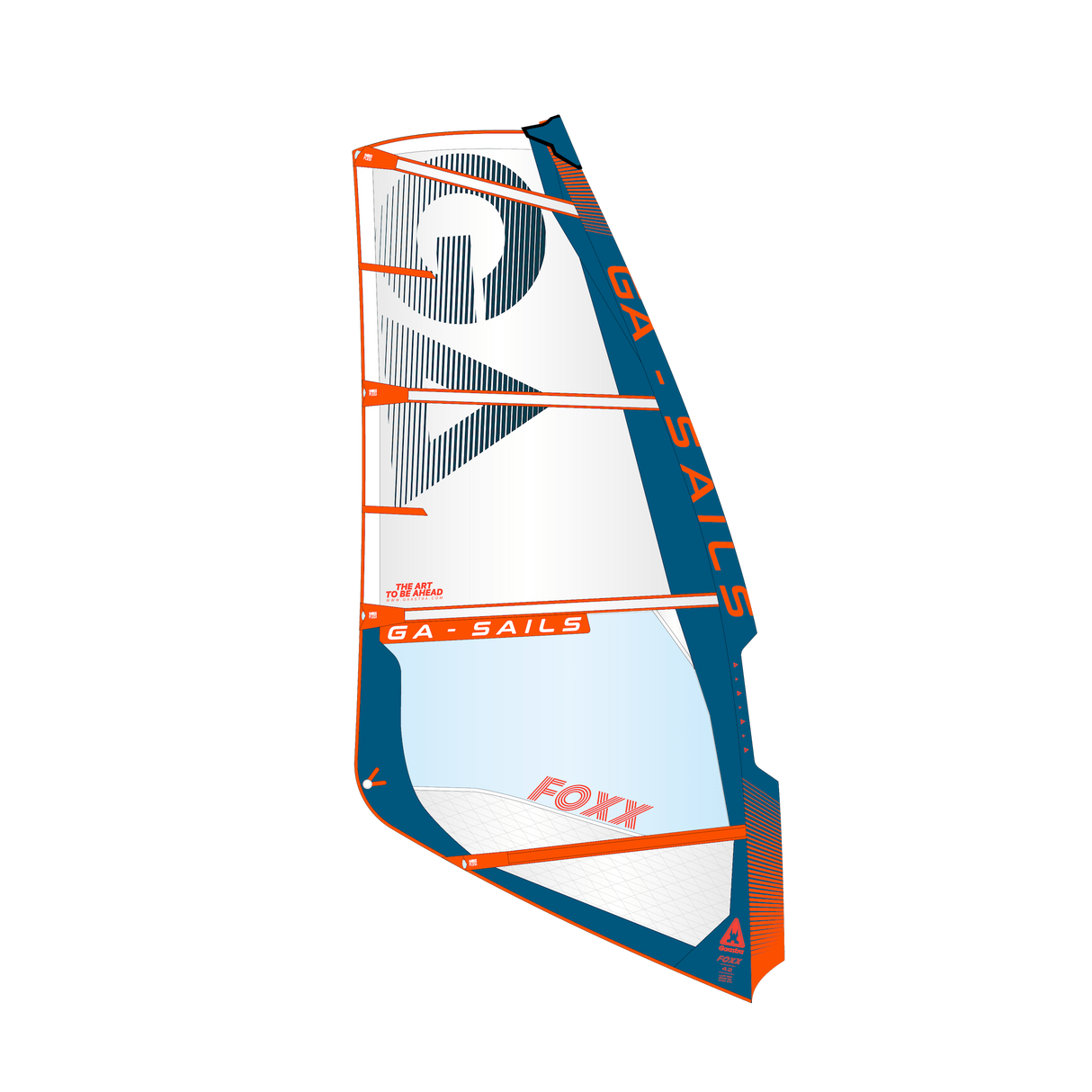 GA-Sails 2026 Foxx Windsegel, weiß mit blauem und orange Muster, Frontansicht