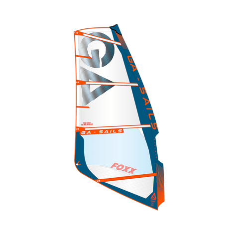 GA-Sails 2026 Foxx Windsegel, weiß mit blauem und orange Muster, Frontansicht