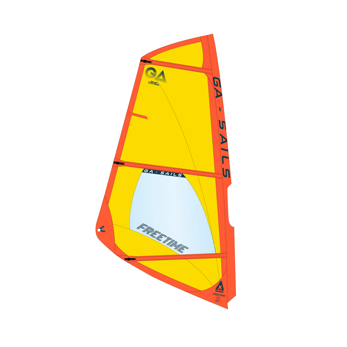 GA-Sails 2026 Freetime Windsegel gelb-rot mit weißem Fenster, Frontalansicht