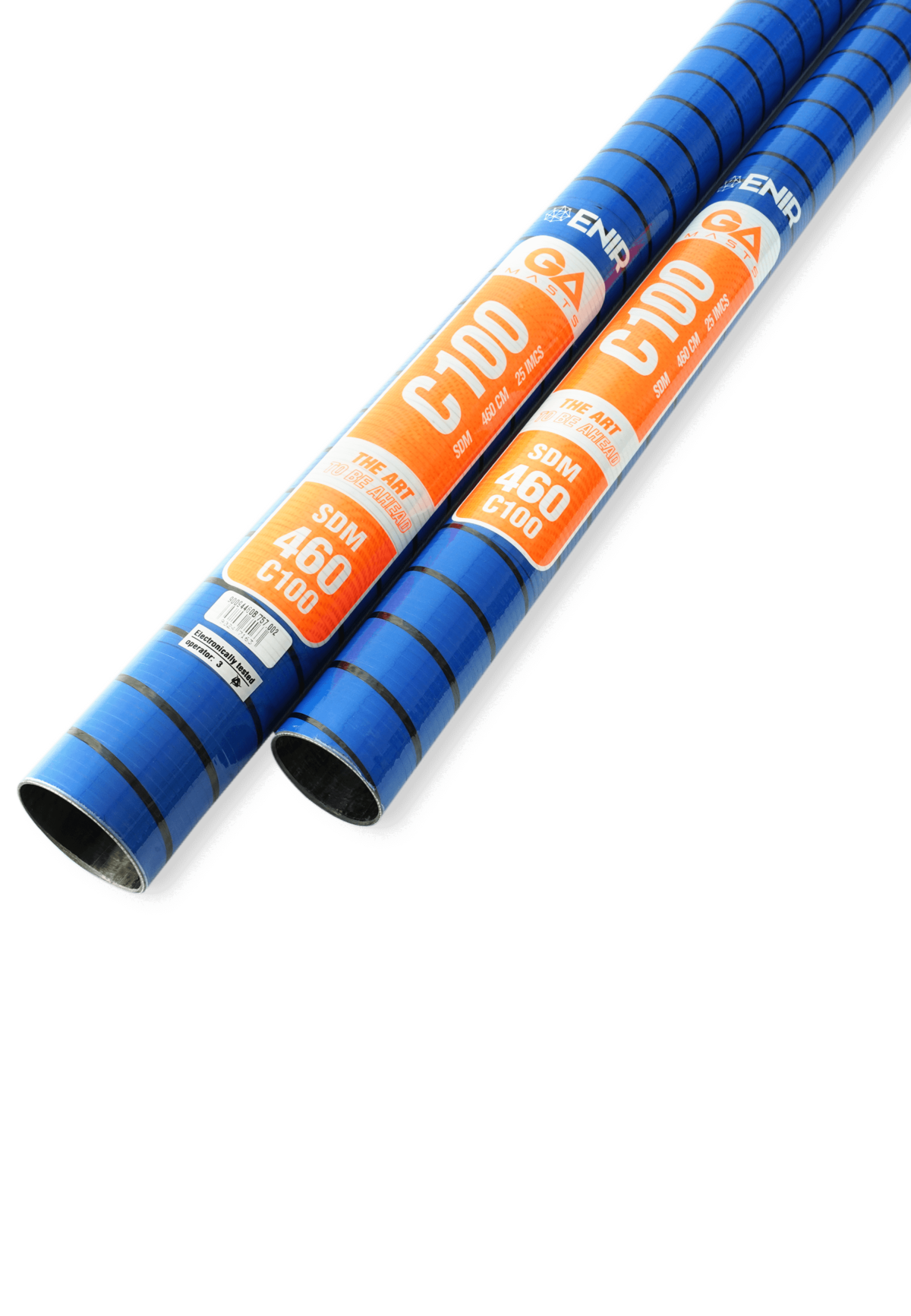 GA Masts 100 SDM LTD MTE 2026 Windsurf-Mast blau-orange mit Beschriftung, Detailansicht zweier Masten nebeneinander