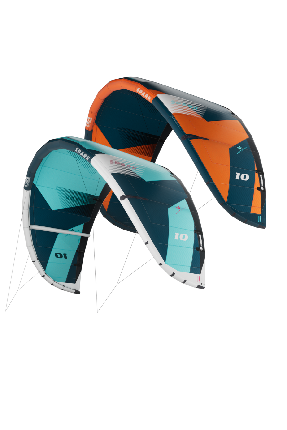 GA-Kites Spark 2026 Lenkdrachen in Türkis und Orange mit weißen Streben, Frontalansicht