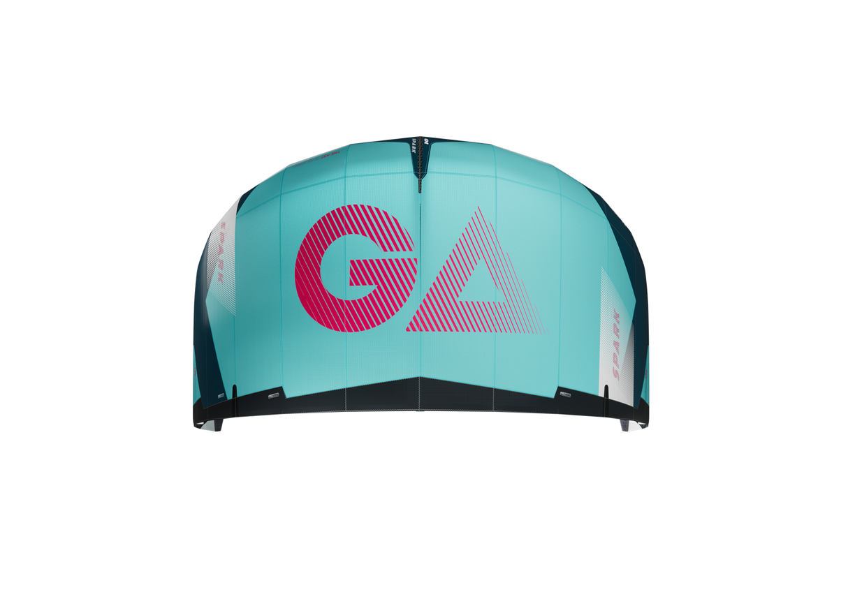 GA-Kites Spark 2026 Lenkdrachen türkis mit pinkem GA-Logo, Frontalansicht, Kitesurfing-Equipment