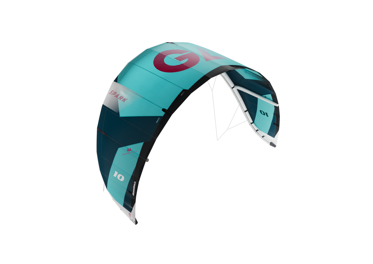 GA-Kites Spark 2026 Kitesegel in Türkis und Dunkelblau mit rotem Logo, Frontalansicht