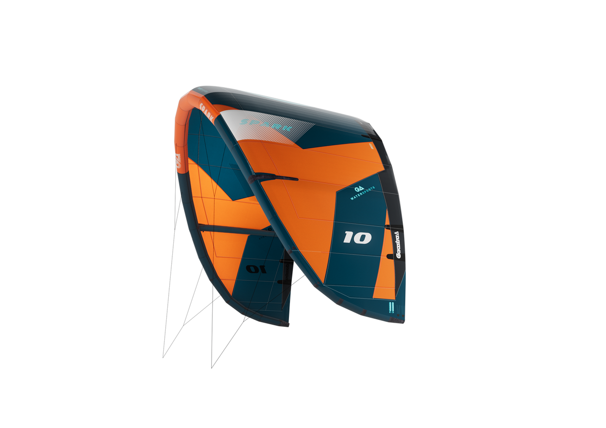 GA-Kites Spark 2026 Lenkdrachen orange-blau mit Streben und Leinen, Frontalansicht