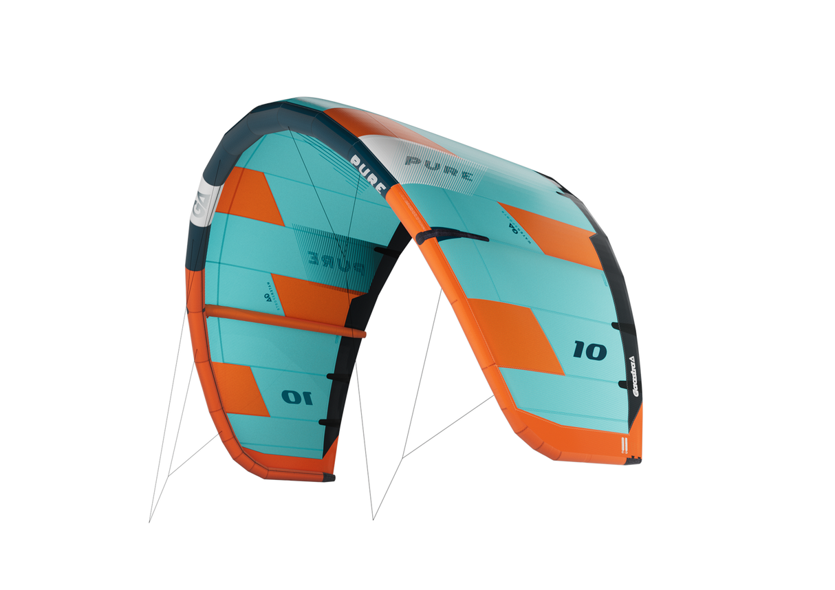 GA-Kites Pure 2026 Kitesegel türkis-orange mit Luftkammern und Verstärkungen, Frontansicht