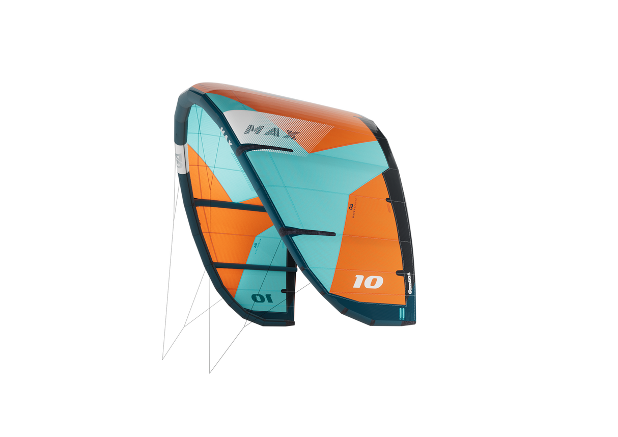 GA Kites MAX 2026 Kitesegel in Türkis, Orange und Schwarz, 10er Größe, Frontalansicht