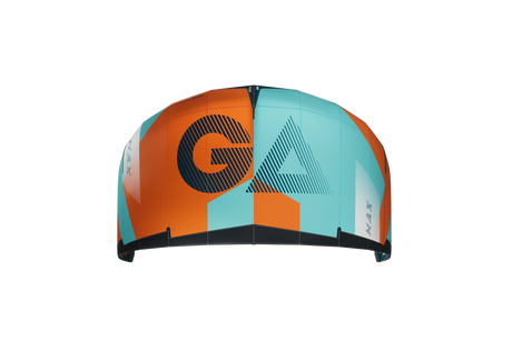 GA Kites MAX 2026 Lenkdrachen orange-türkis mit GA-Logo, Draufsicht auf Schirm mit schwarzem Rahmen