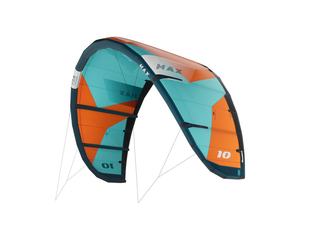 GA Kites MAX 2026 Lenkdrachen orange-türkis mit schwarzen Verstrebungen, Frontalansicht