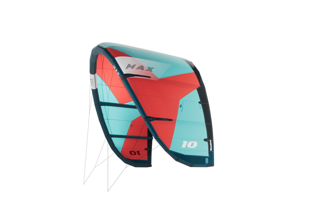 GA Kites MAX 2026 Kitesegel in Rot, Türkis und Schwarz mit Struts, Frontansicht