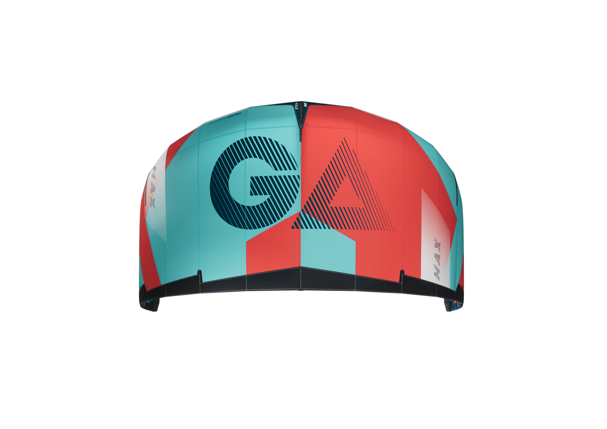 GA Kites MAX 2026 Kitesurf-Schirm in Rot und Türkis, Draufsicht auf die Oberseite des aufgeblasenen Schirms