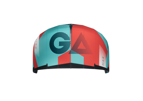 GA Kites MAX 2026 Kitesurf-Schirm in Rot und Türkis, Draufsicht auf die Oberseite des aufgeblasenen Schirms