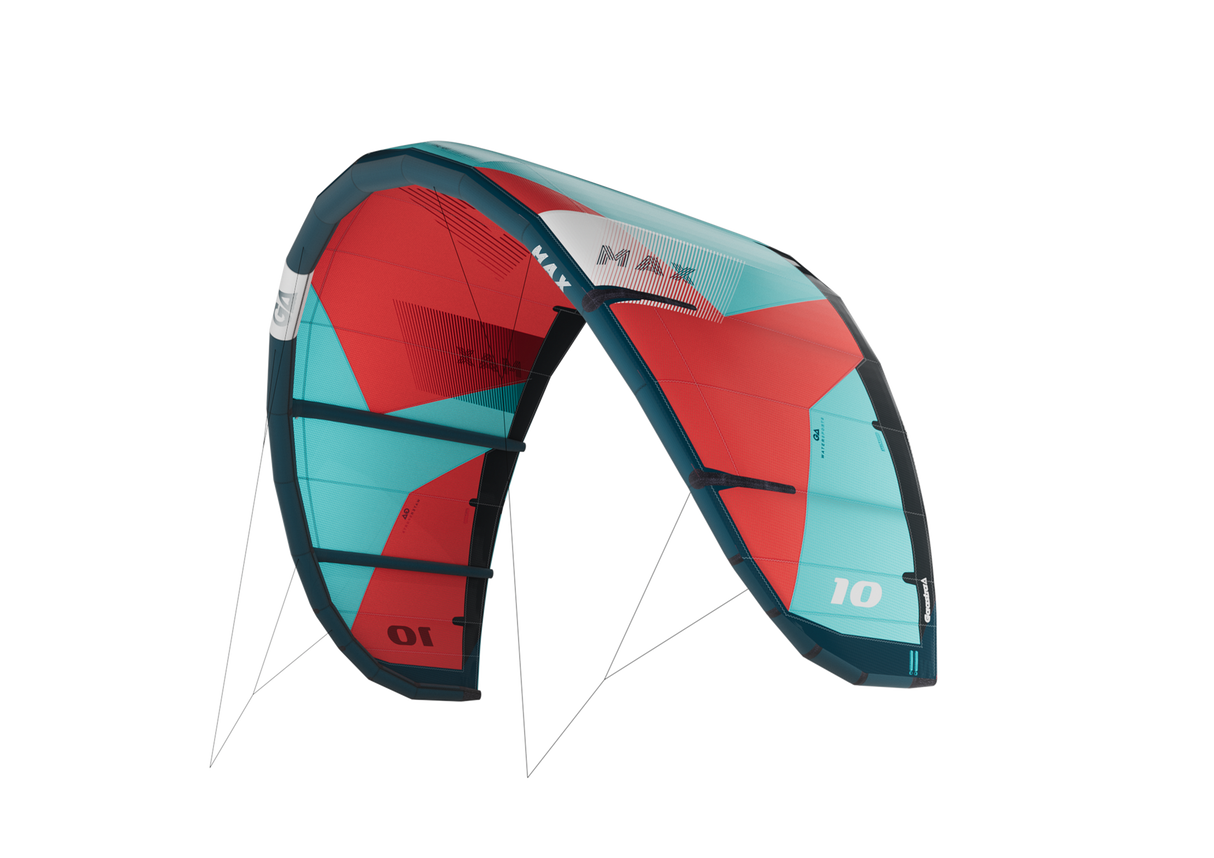 GA Kites MAX 2026 Lenkdrachen rot-türkis mit schwarzen Verstärkungen, Frontalansicht