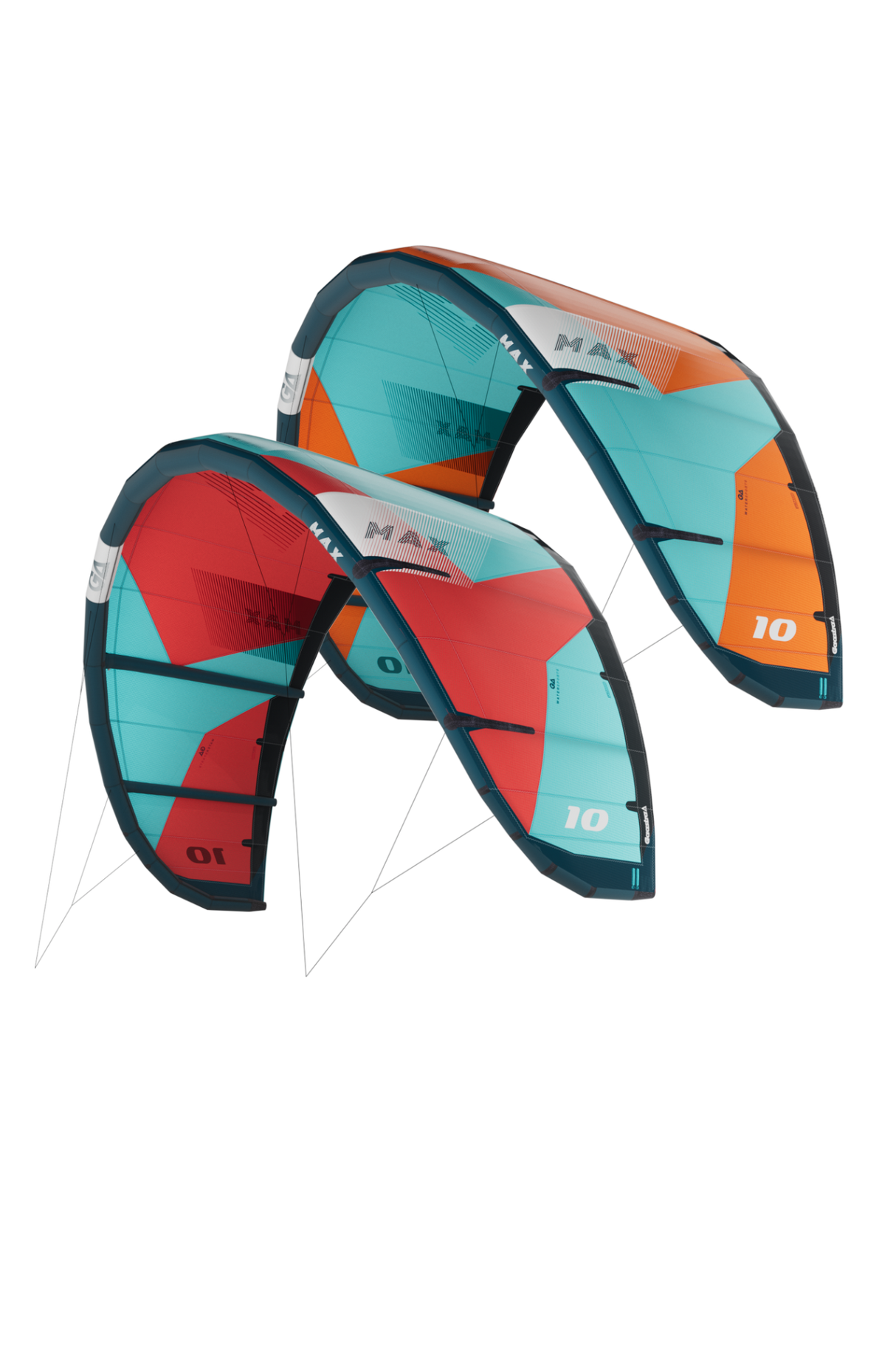 GA Kites MAX 2026 Kitesegel in Rot-Türkis und Orange-Türkis mit weißen Leinen, Frontalansicht