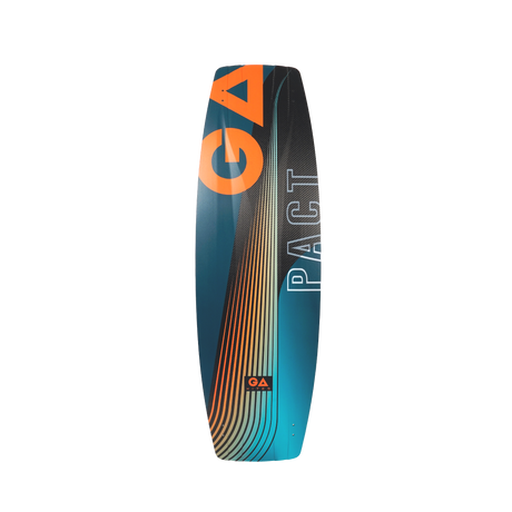 GA 2026 Kiteboard Pact Bd in Blau-Orange mit Pact-Schriftzug, Topview-Perspektive, Kiteboarddesign mit Farbverlauf