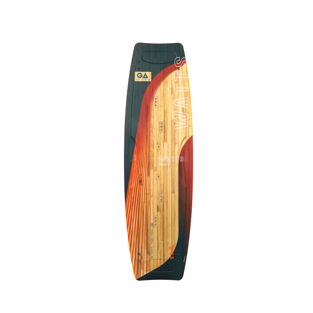 GA Watts Kiteboard 2026 mit schwarzem Rand, rotem und gelbem Holzdesign, Draufsicht