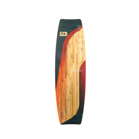 GA Watts Kiteboard 2026 mit schwarzem Rand, rotem und gelbem Holzdesign, Draufsicht