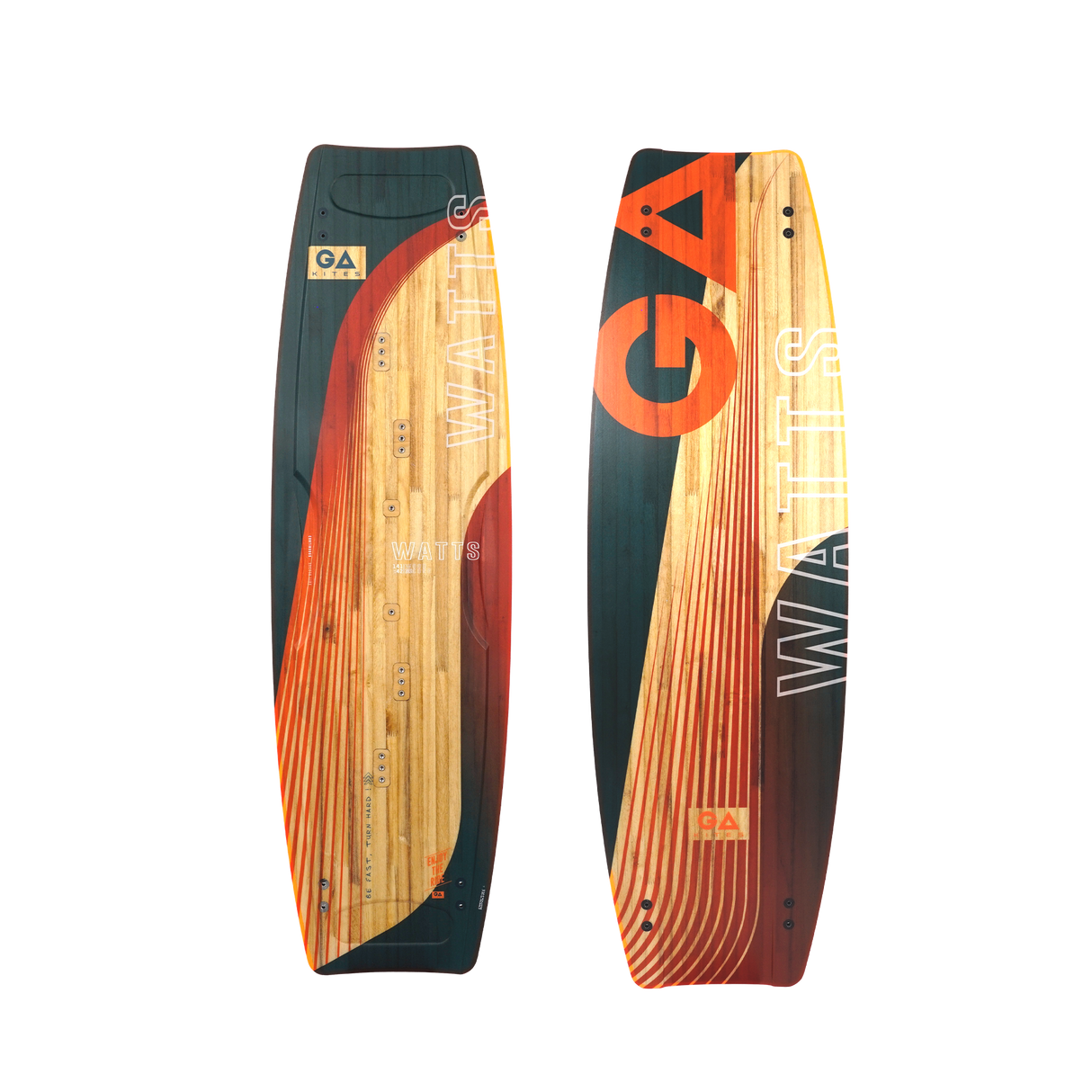 GA Kiteboard Watts Bd 2026 in Schwarz, Orange und Natur, Holzoptik, Vorder- und Rückansicht