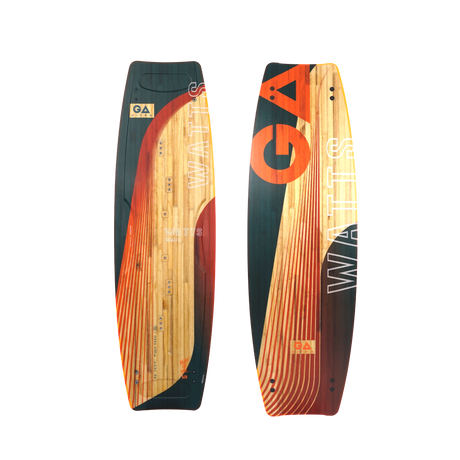 GA Kiteboard Watts Bd 2026 in Schwarz, Orange und Natur, Holzoptik, Vorder- und Rückansicht