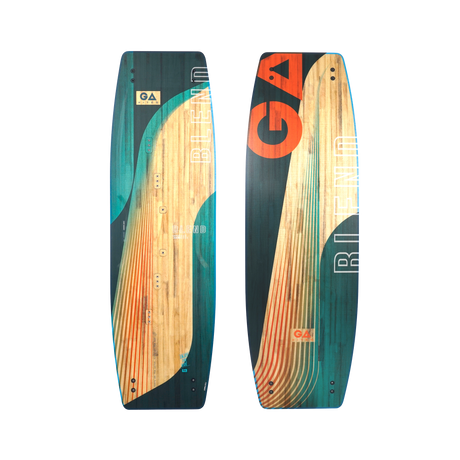 GA 2026 Kiteboard Blend, Holzoptik mit Petrol und Orange, Draufsicht beider Seiten