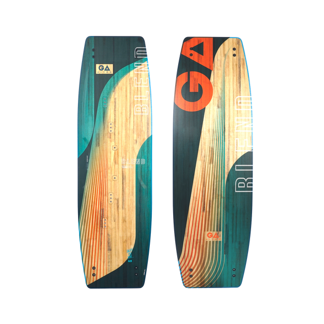 GA 2026 Kiteboard Blend, Holzoptik mit Petrol und Orange, Draufsicht beider Seiten