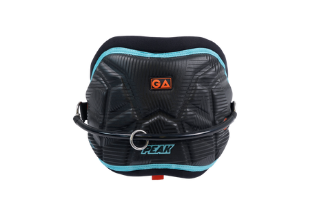 GA PEAK Waist Harness 2026, schwarzes Neopren mit blauem Rand, Frontalansicht, Trapezgurt für Kitesport