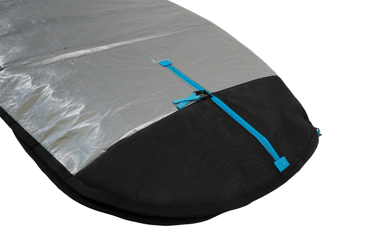 GA Windsurf Light Board Bag 2026, grau-schwarz mit blauen Verschlussgurten, Transporttasche für Windsurfboards, Detailansicht