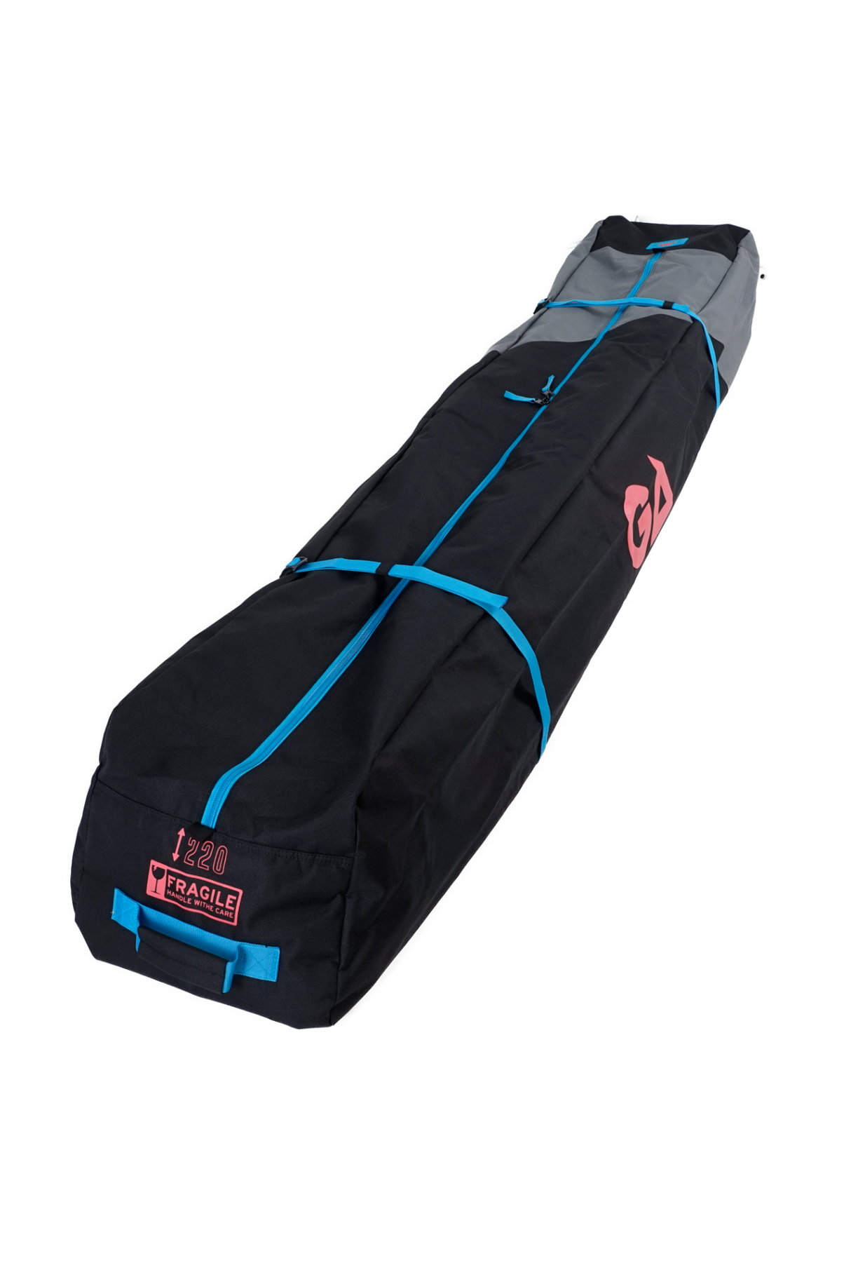GA Quiver Bag mit Rollen 2026, schwarz mit blauen Elementen, Transporttasche mit Tragegriffen und Rollen, Seitenansicht