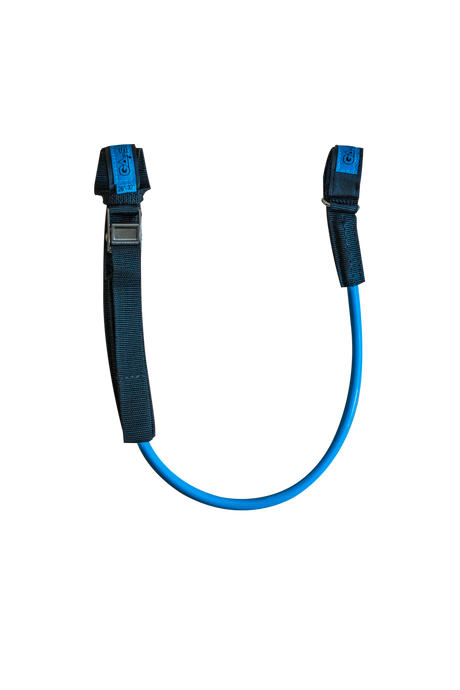 GA RACE Adjustable Harness lines 2026, blau-schwarze Trapezleinen mit verstellbaren Verbindungsstücken, Frontansicht