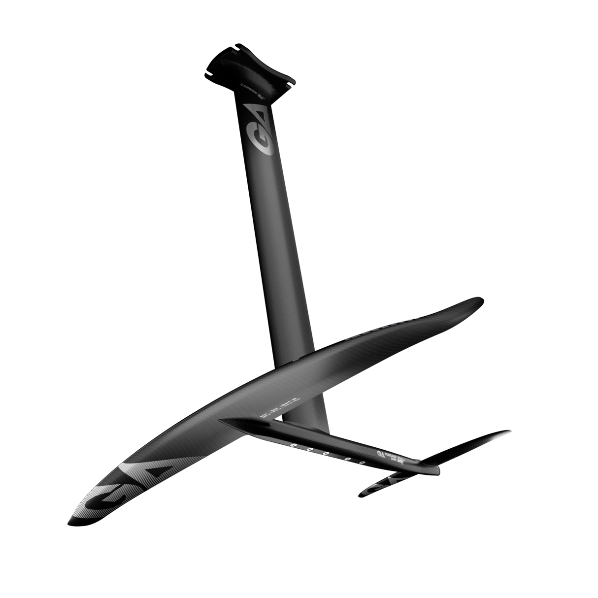 GA Foil CARBON UHM 85 Wing Foil 2026, schwarzes Carbon-Tragflächensystem mit Mast und Fuselage, Seitenansicht