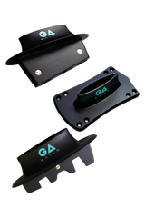 GA 2026 Foil Adaptor V2 Mast, schwarze Kunststoffkomponenten mit türkisem GA-Logo, drei Ansichten, Befestigungslöcher sichtbar