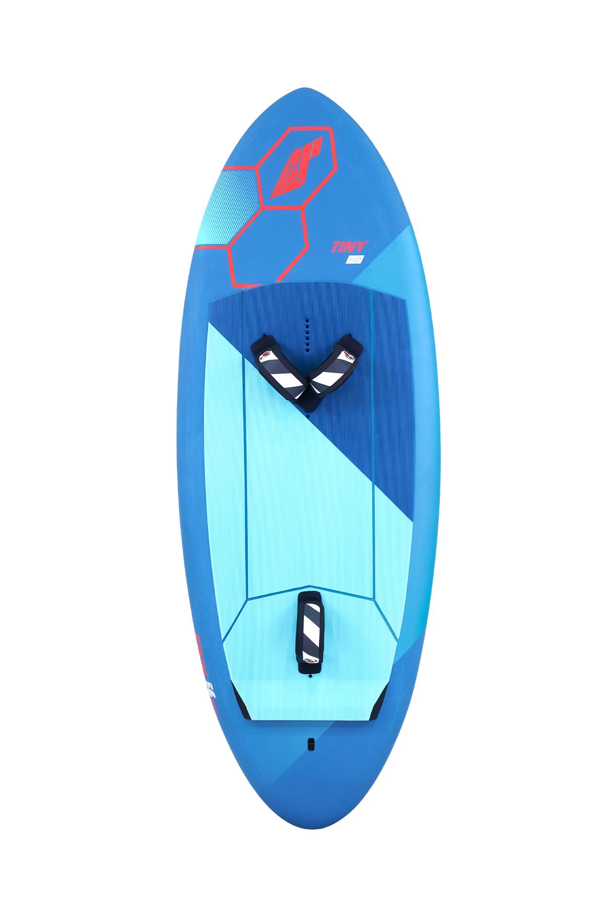 Tabou 2026 Tiny HD Kiteboard, blau-türkis, Draufsicht mit rotem Logo und schwarzem Griff, kompaktes Design für Anfänger