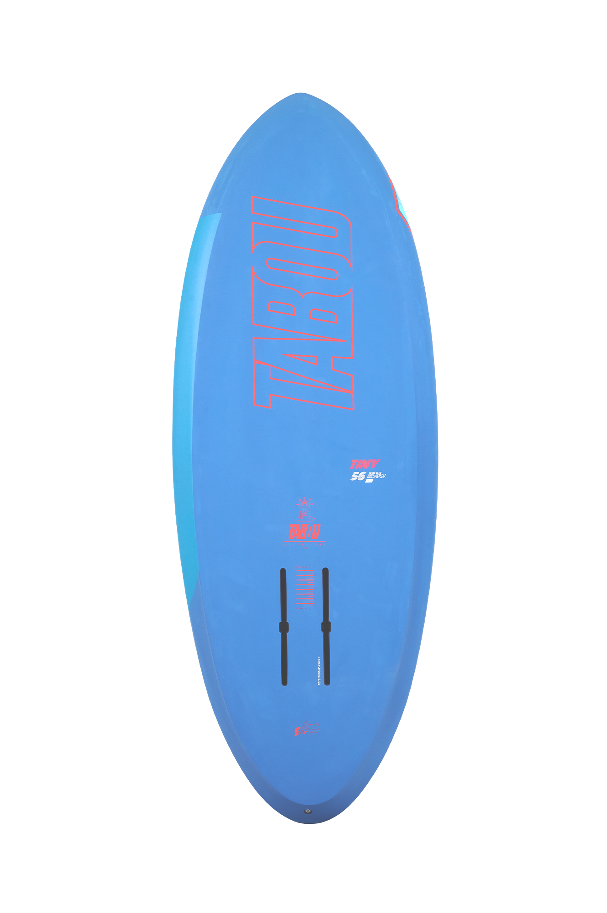 Tabou 2026 Tiny HD Waveboard in Blau, Draufsicht auf das ovale Shortboard mit rotem Logo und Finnen