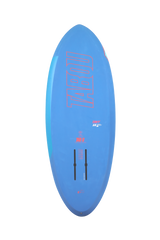 Tabou 2026 Tiny HD Waveboard in Blau, Draufsicht auf das ovale Shortboard mit rotem Logo und Finnen