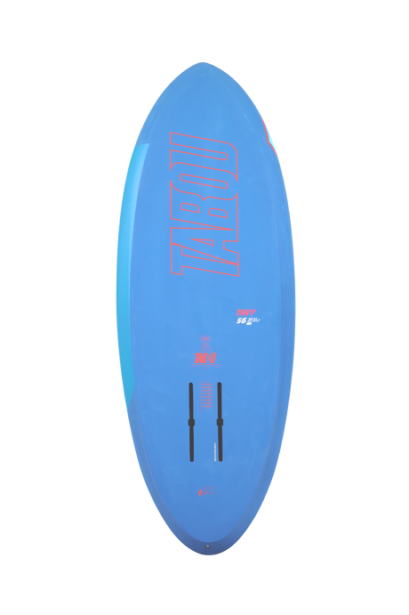 Tabou 2026 Tiny HD Waveboard in Blau, Draufsicht auf das ovale Shortboard mit rotem Logo und Finnen