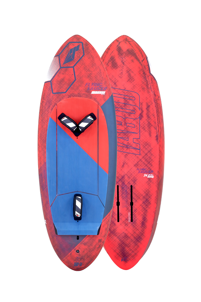 Tabou 2026 Flying Saucer TEAM Kite, rot mit blauem Design, Draufsicht auf das ovale Kiteboard mit strukturiertem Muster
