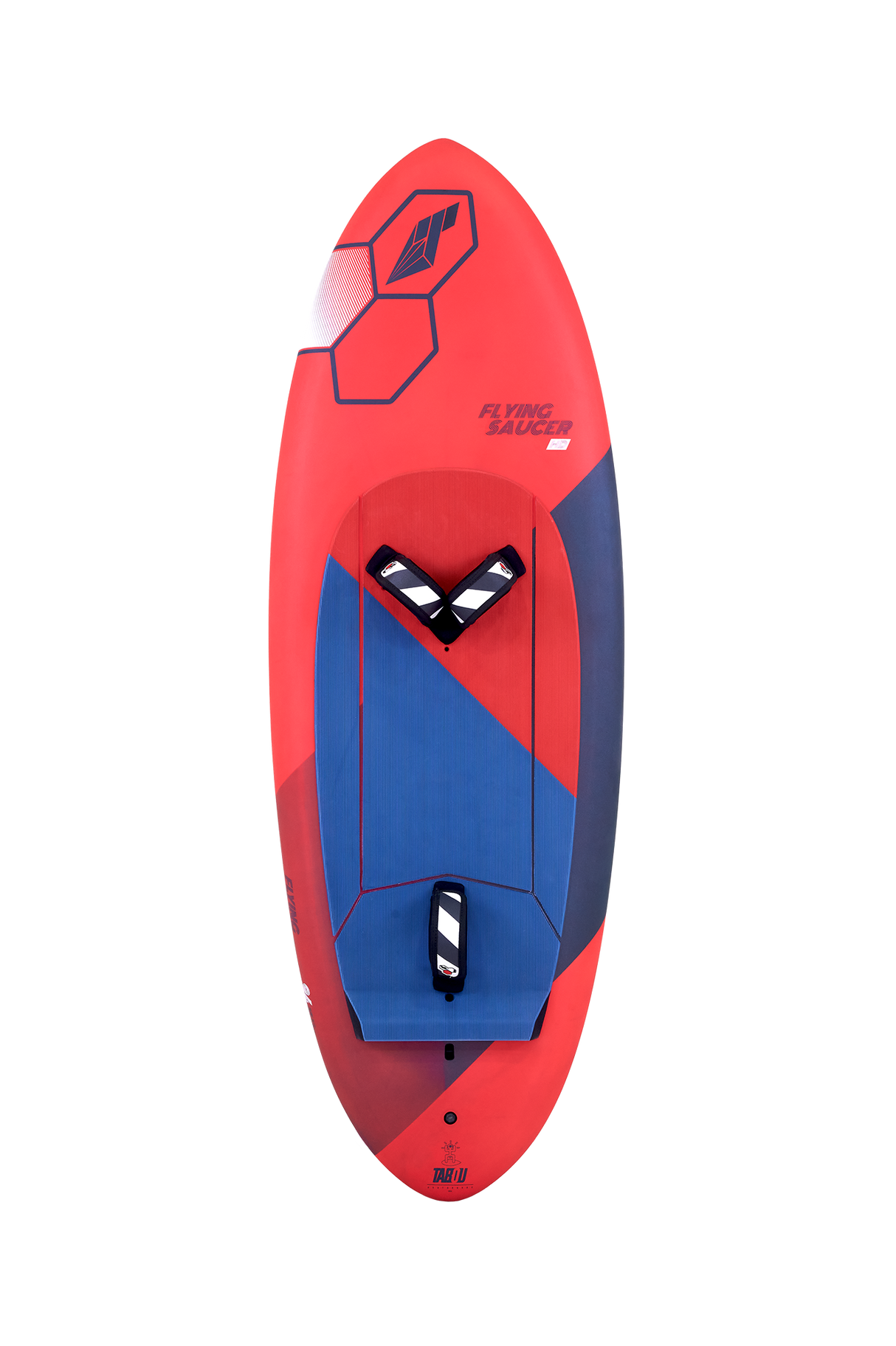 Tabou 2026 Flying Saucer TEAM Freestyle-Board, rot-blau, Draufsicht auf ovales Wakeboard mit Griffen und Designelementen