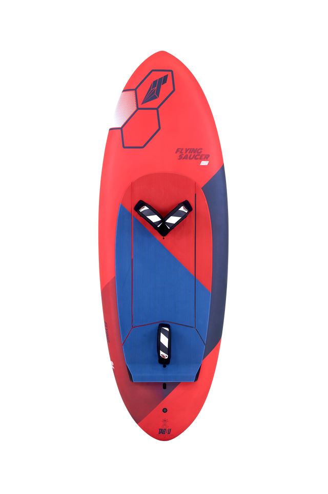 Tabou 2026 Flying Saucer TEAM Freestyle-Board, rot-blau, Draufsicht auf ovales Wakeboard mit Griffen und Designelementen