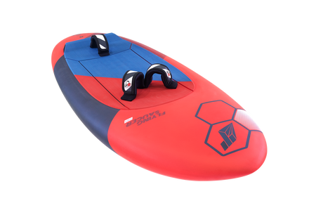 Tabou 2026 Flying Saucer Kiteboard rot-blau mit schwarzen Griffen, Draufsicht