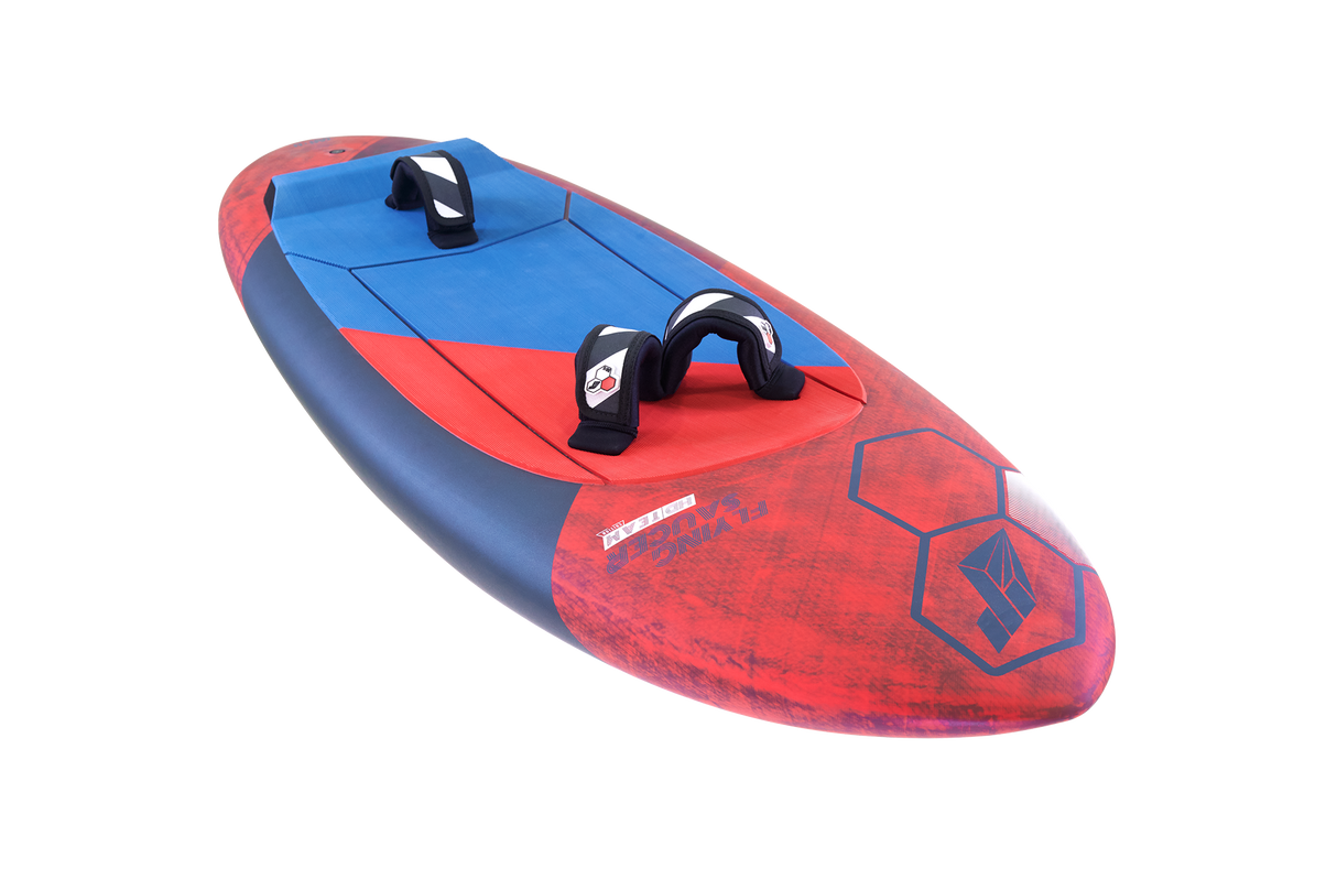 Tabou 2026 Flying Saucer TEAM Kiteboard in Rot und Blau mit zwei schwarzen Griffen, Draufsicht