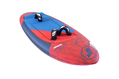 Tabou 2026 Flying Saucer TEAM Kiteboard in Rot und Blau mit zwei schwarzen Griffen, Draufsicht