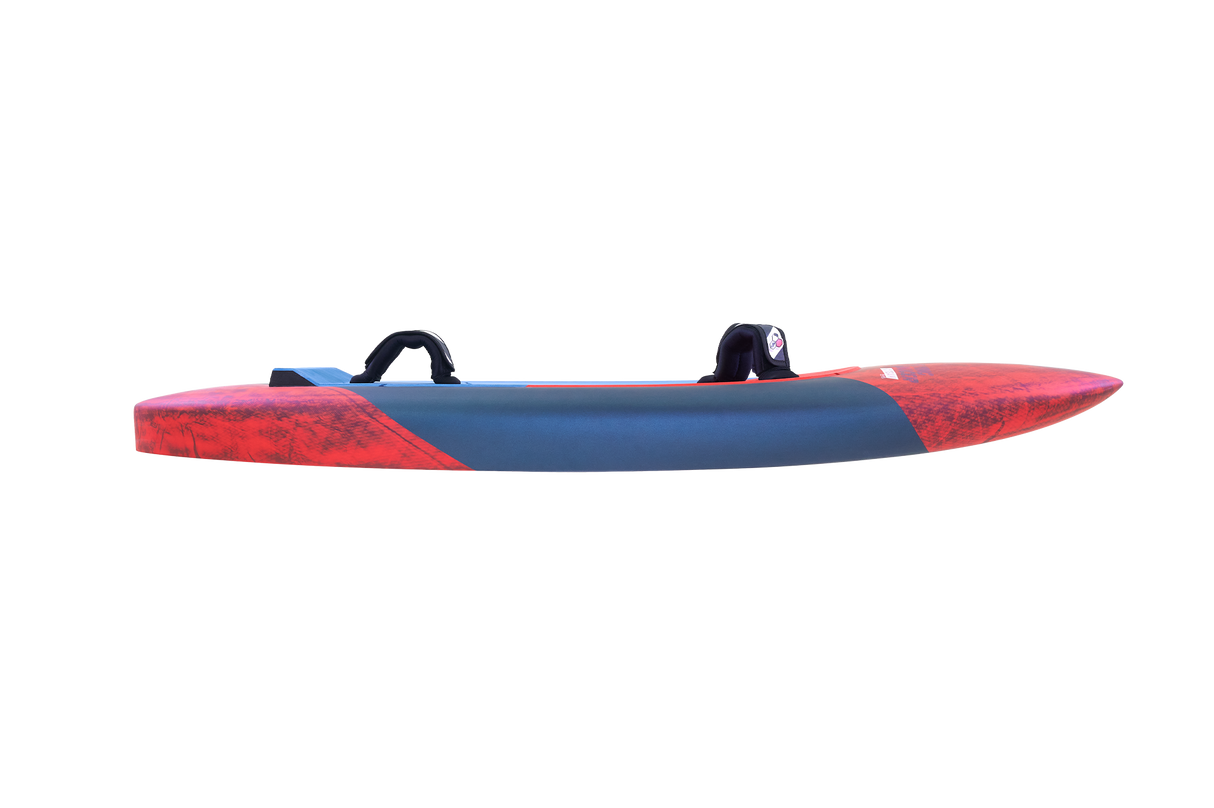 Tabou 2026 Flying Saucer TEAM Hydrofoil Board mit blauem Deck und roten Flügeln, Seitenansicht
