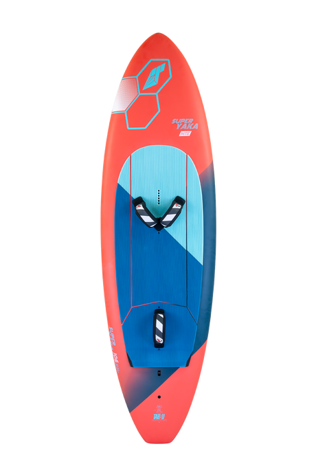 Tabou 2026 Super Yaka TEAM Wakeboard rot blau Draufsicht mit Bindungen und Griffzone