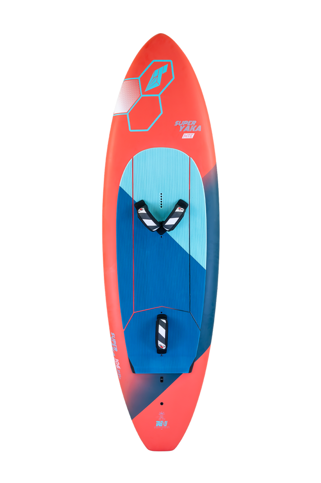 Tabou 2026 Super Yaka TEAM Wakeboard rot blau Draufsicht mit Bindungen und Griffzone