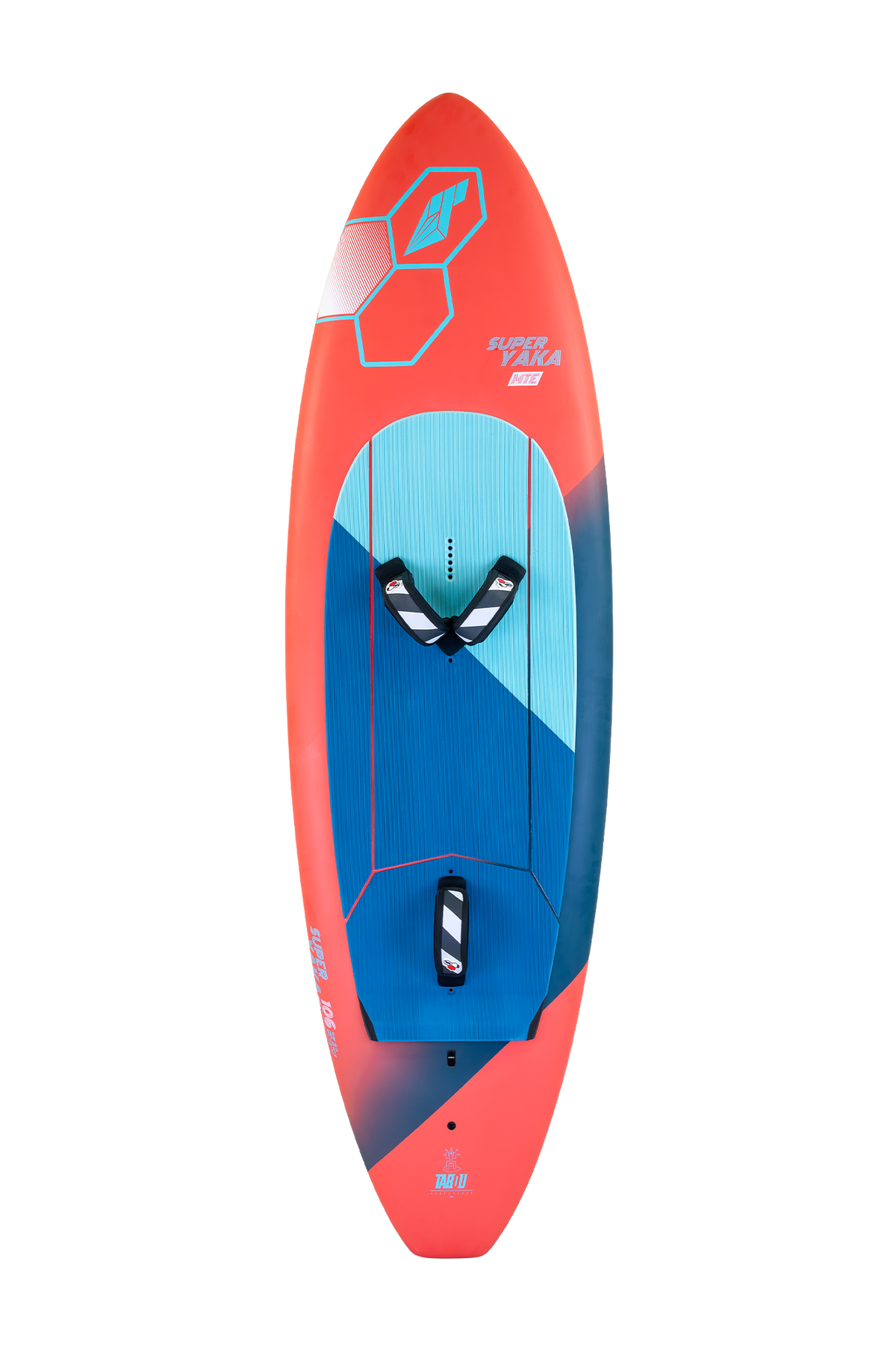 Tabou 2026 Super Yaka TEAM Wakeboard rot blau Draufsicht mit Bindungen und Griffzone