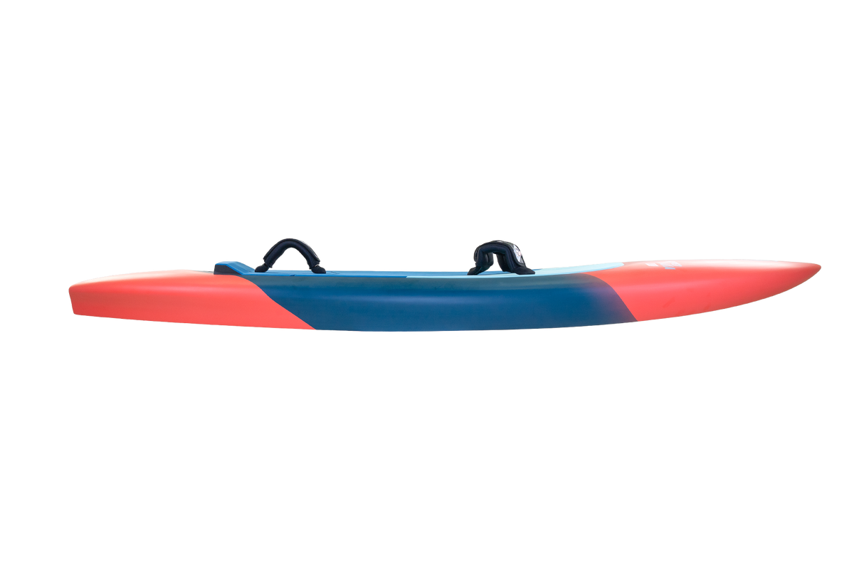 Tabou Super Yaka 2026 Waveboard mit blauem Rumpf und roten Flügeln, Seitenansicht