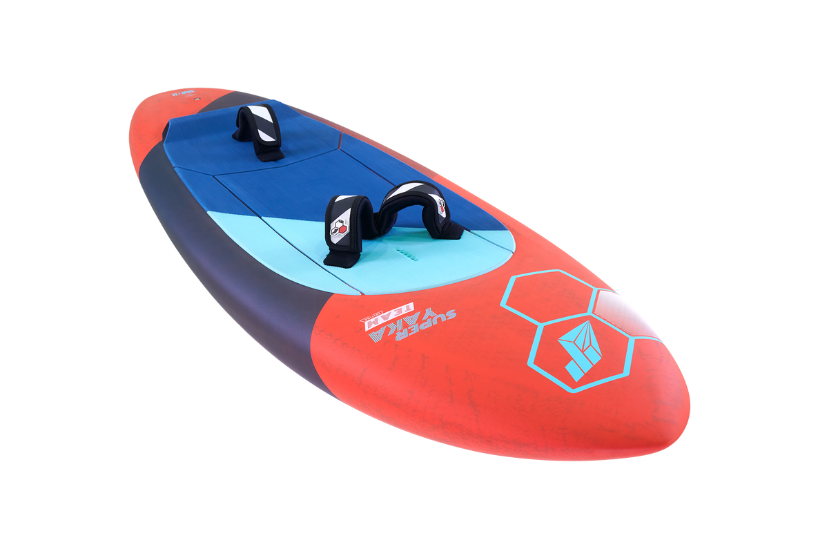Tabou 2026 Super Yaka TEAM Kiteboard rot blau mit drei schwarzen Griffen, Draufsicht
