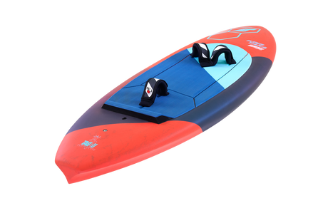 Tabou 2026 Super Yaka TEAM Kiteboard rot blau mit Finnen, Draufsicht