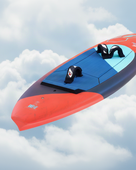 Tabou 2026 Super Yaka TEAM Kiteboard rot blau mit Finnen, Draufsicht